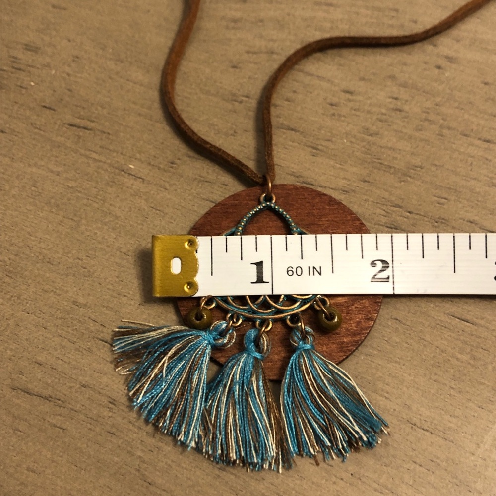 Bohemian Teal Blue and Brown Tassel Necklace and Earring Set - Picture 8 of 10